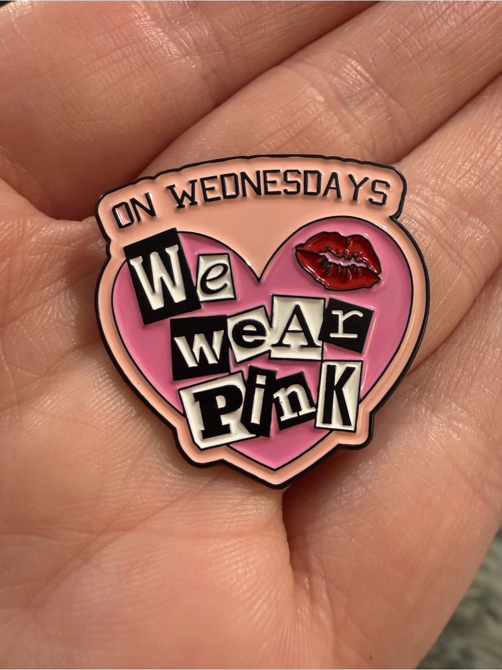 Mean Girls inspired On Wednesdays We Wear Pink Heart Shaped Enamel Pin